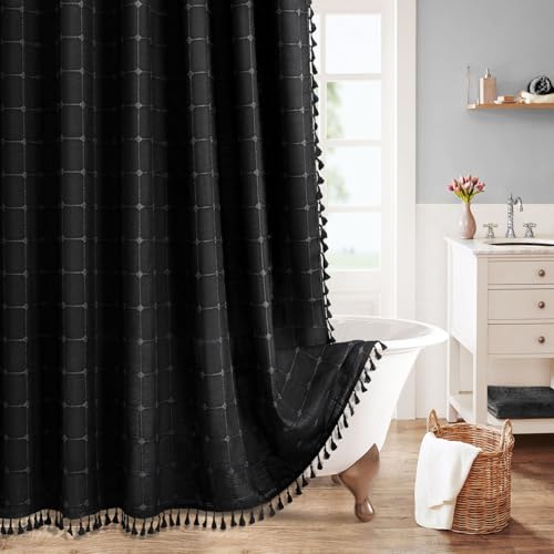 MitoVilla 72 x 84 Black Boho Extra Long Shower Curtain, Modern Farmhouse 84 inch XL Polyester Linen Texture Tassel Fabric Shower Curtain for Cottagecore Country Bathroom Decor