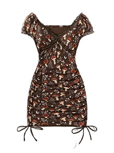 SheIn Fairycore Mushroom Print Lace Insert Drawstring Ruched