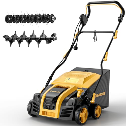 EVEAGE 16-Inch 15 Amp Electric Dethatcher & Scarifier, 2-in 1 Thatcher for Lawn with 5-Position Depth Adjustment, 14.5gal Collection Bag, Increases Lawn Health STYLE 1