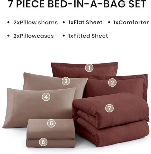 Monbix California King Comforter Set - 7 Pieces Cationic Dyeing Dark Red Bed in a Bag Cal King Bedding Sets with Comforter, Sheets, Pillowcases & Shams, Reversible Bedding Comforters Sets (108 * 92)