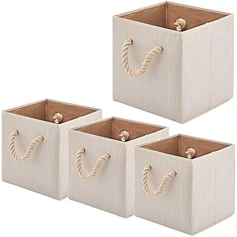 BeigeSwan Foldable Bamboo Fabric Storage Bins [Set of 4] with Cotton Rope Handles, Collapsible Organizer Boxes Basket - 10.5 x 10.5 x11 inch (Beige) Cover