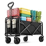 PASAMIC Collapsible Wagon 220 lbs, Heavy Duty Wagon Carts Foldable, Portable Wagons for Groceries, Beach Cart with All-Terrain Wheels & Drink Holders, Utility Wagon for Shopping, Sports, Camping,Black