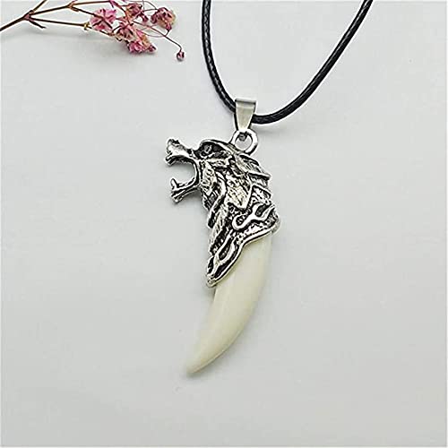 Mens Wolf Animal Pendant Necklace Retro Wolf Dog Head Tooth Fang Spear Leather Necklace For Teen Boy Adult Ceremony Gift Jewelry (01 Silver White 01) #TOP4