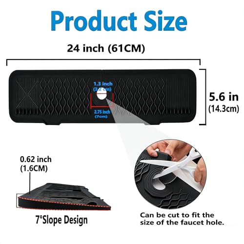 Image of EBIGIC 24 Inch Silicone Faucet Mat for Kitchen Sink, 7 Slope Fast Self-Draining Sink Splash Guard, Kitchen Sink Water Catcher Organizer, Kitchen Sink Accessories (Black, 24''x5.6'')