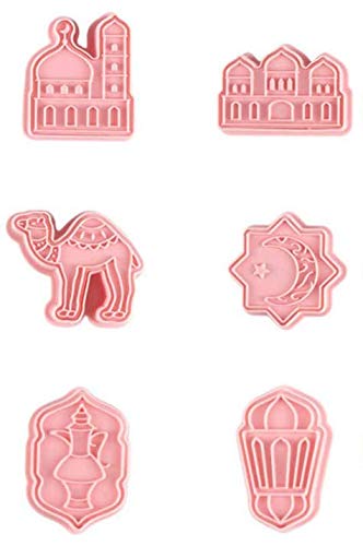 Biscuit Molds & Cookie Cutters with Stamps Decorations - 6 Pcs Different Shapes (frame and stamp) - 2 Mosques, Lantern, Camel, Moon and Star, Coffee Pot