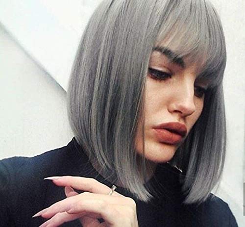 Grey Synthetic Wig with Bangs Short Bob Middle Part 12 inch None Lace Frontal Ash Gray Classic Custome Wig for Women
