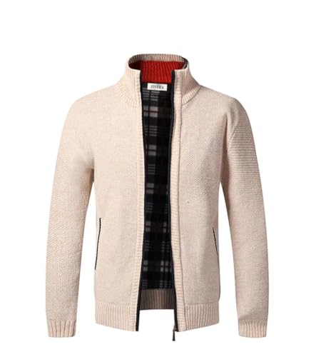 Cárdigan de Punto para Hombre, suéter Grueso con Cremallera Completa y Cuello Alto, cálido suéter con Forro Polar para Invierno(Khaki L)