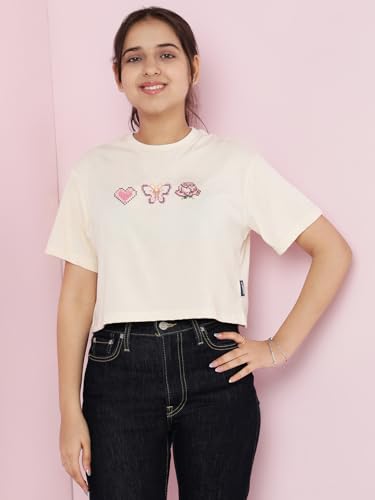 Image of Li'l Tomatoes Girls Crop T-Shirt | 100% Cotton | Graphic Printed Summer Top | Soft & Breathable Casual Wear | 7-16 Years