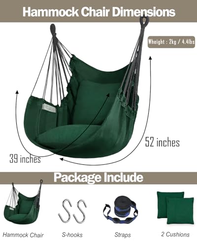 Image of Halalona Hammock Chair Hanging Hammock Chair Rope Swing 2 Cushions Included-Sturdy & Durable Soft Cotton Hand Woven Hammock Swing for Bedroom, Porch, Patio-Indoor /Outdoor