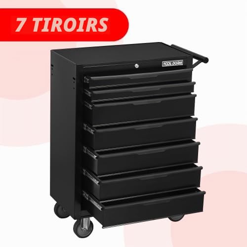 Servante d'atelier avec 7 tiroirs | Servante à outils à fermeture centrale et roulettes robustes | Caisson à roulettes noir tiroirs à roulement à billes | Armoire à tiroirs pour garage et