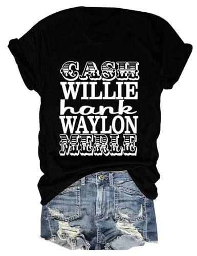 Semisun Country Music Retro T-Shirt Women Feeling Will Good Shirts Funny Vintage Graphic Tee Rock Short Sleeved Top Black