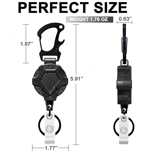 Image of Heavy Duty Retractable Keychain & Badge Reel | Tactical Carbon Fiber ID Card Holder with Bottle Opener Carabiner & 80cm Cord (Black)