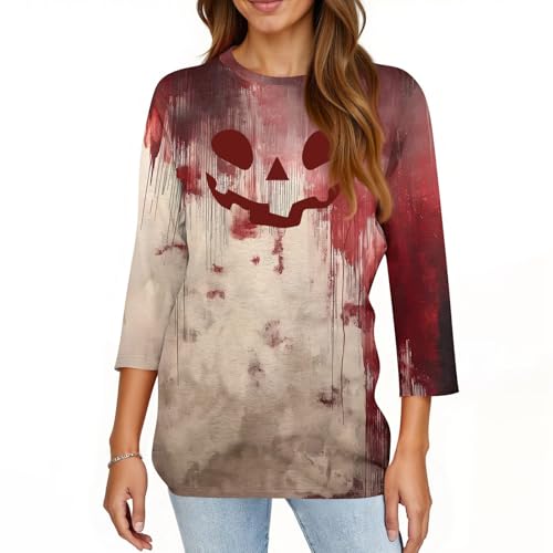 Halloween Shirts for Women 3/4 Sleeve Plus Size Crewneck Loose Fit Cute T Shirt Halloween Costumes for Women 2025