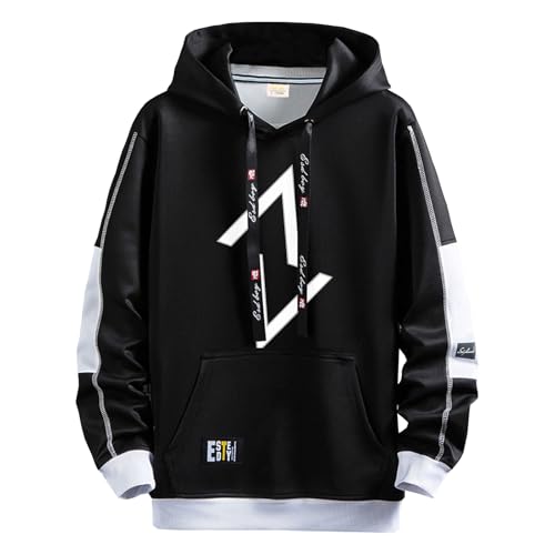Men's Hoodie Patchwork Contrast Color Hoodies Casual Baggy Sweatshirt Pullover