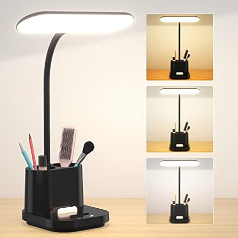 Deeplite Desk Lamp,Battery Operated Lamp for Desk, Rechargeable Small Study Desk Lamp for Dorm Home Office,Dimmable LED Table Lamp with Pen Holder/Night Light/Adapter,Eye-Caring Crodless Reading Lamp Cover