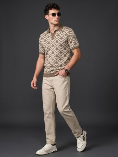 Image of Veirdo Men's Flatknit Printed Half Sleeve Polo T-Shirt with Collared Neck, Loose Comfortable Fit, Casual Style for Office, Travel, (Sizes S to 2XL)