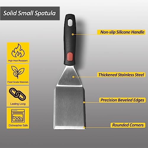 Image of Small Spatula for Cast Iron Skillets, Full Tang silicone Handle, Heat Resistant, Commercial Grade Heavy Duty Turner, Press Burger Spatula Turner for Flipper, Cooking, Serving, 2.7 inch Wide