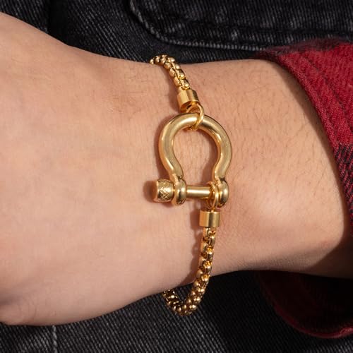 Image of Chunky Charm Bracelet Stainless Steel Foxtail Wheat Chain Bracelet Heavy Screw Anchor Shackle Horseshoe Bracelets (GoldSmall)