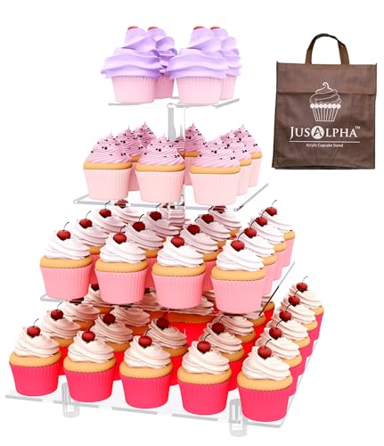 Jusalpha Large 4 Tier Cupcake Stand Square Acrylic Cupcake Tower Stand for Dessert, Pastry, Serving Platter-Candy Bar Party Décor and Supply(with Rod Feet) (4SF-V2)