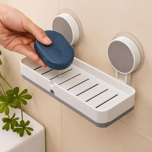 Image of Wall Mounted 2 Toothbrush & 1 Soap Holder, Self Adhesive ABS Storage Box with Drain Tray - No Drill Bathroom Organizer for Toothpaste, Face Wash, Soap, Comb & Sink Essentials