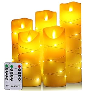 Bougies LED sans flamme, 5 bougies LED avec starlight et télécommande, minuterie 24 heures, flamme dansante, vraie cire, alimentation par batterie (ivoire)