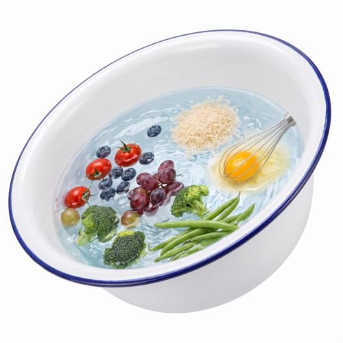 MAGICLULU Retro Enamel Basin Thickened Vintage Enamel Bowl for Soup Food Prep Washing Rice Fruits Vegetables and Dough Sunken Anti-Skid Bottom 7.87 X 7.87 X 2.36 in