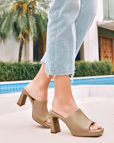 Image of Womens Platform Chunky Heels Mules Square Open Toe High Heeled Sandals Slip On Slides Dress Shoes