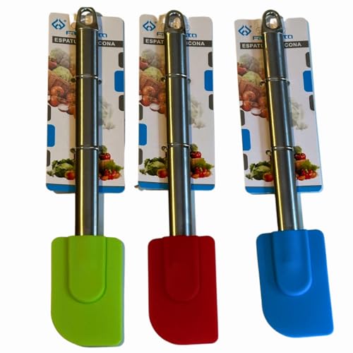 Juego de 3 Espátulas de Silicona con Mango de Acero Inoxidable - Flexibles y Resistentes para Hornear y Mezclar | Rojo, Azul y Verde | Utensilios Antiadherentes Fáciles de Limpiar. Repostería y Cocina