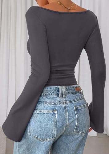 Image of PRETTYGARDEN Women Long Sleeve Shirt 2025 Crop Casual Boat Neck Bell Sleeve Ribbed Ruched Y2K Clothing