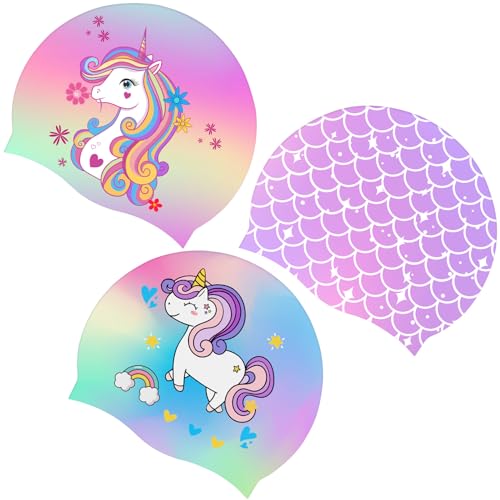 Tivcck 3 Pcs Kids Swim Caps, Silicone Swimming Cap