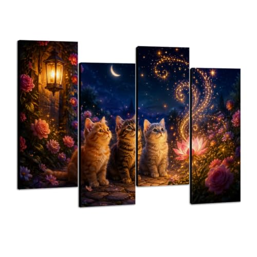 4 Pcs Canvas Wall Art Enchanting Cats Magical Garden Night