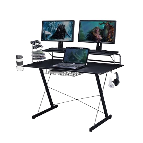 Techni Sport Gaming Desk - Two-Way Computer Desk with Elevated Monitor Stands, CD Rack, Cup Holder, & Accessories Storage for a Complete Gaming Setup - Carbon Laminated with Durable Steel Frame