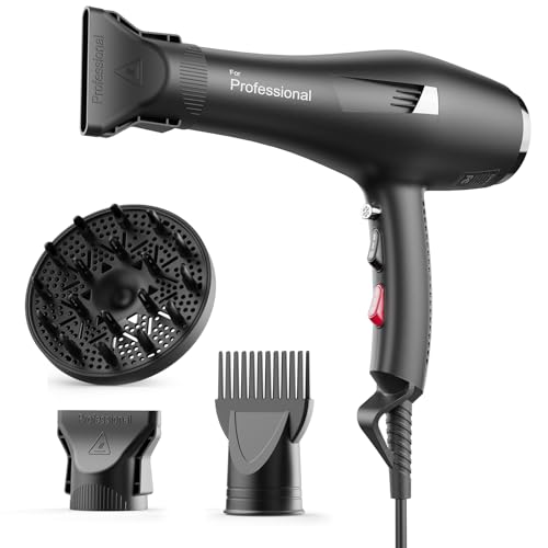 Dekuri Föhn Ionen, Profi Fön Haartrockner Hair Dryer Haarföhn mit 1 Diffusor 2 Stylingdüse, 3 Heiz und 2 Geschwindigkeitsstufen, 1,9 Meter langes Netzkabel (Anthrazit) 1