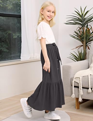 Image of Maxi Skorts Skirt for Girls Button Front High Waisted Long Skirt with Belt Ruffled Skirts with Pocket 3-12Years