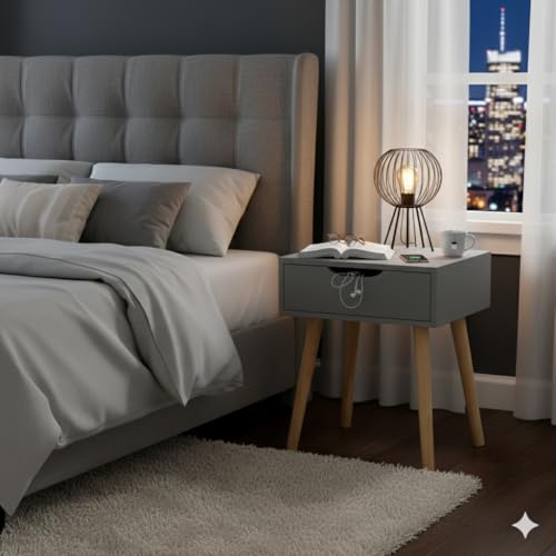 Image of Modern Bedside Table with Drawer & Wooden Legs | Compact Nightstand for Bedroom | Scandinavian Style Side Table with Storage for Home Living Room (Grey, 1 Drawer)