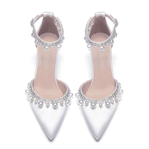 Closed Toe Pearl Wedding Shoes for Bride High Heels Ankle Strap Strappy Block Heels Bridal Shoes Satin Shoes Pumps2