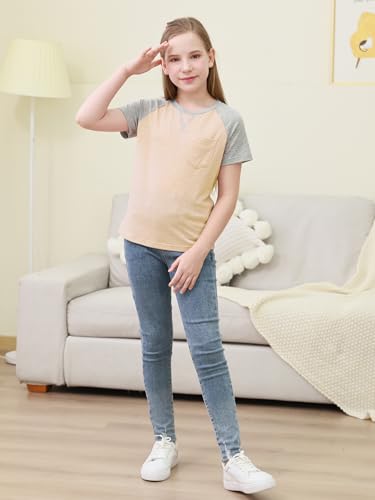 Image of GORLYA 2 Pack Girls Contrast Raglan Sleeve T-Shirt Casual Simple Basic Tee Tops with Pocket for 8-16Y
