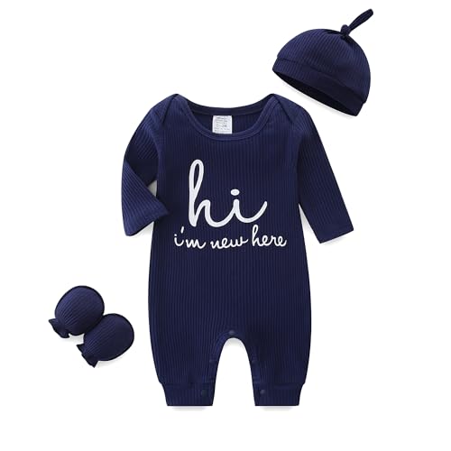 Image of Babymine Baby Boy Girl Outfits Jumpsuit with Hat and Gloves for 0-3 Months Unisex Baby Romper Navy Blue