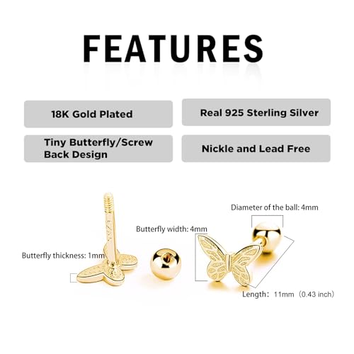 18K Gold Plated Sterling Silver Screw Back Small Trendy Dainty Cute Butterfly Stud Earrings for Women with Jewelry Rose Box3