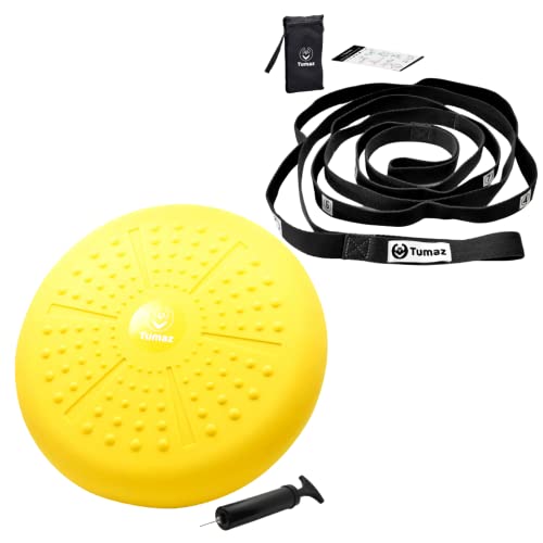 Tumaz Wobble Cushion With 10 Loops Stretching Strap Set - Home Workout Stretch Strap For Physical Therapy - Wiggle Seat To Improve Sitting Posture & Stay Focused For Sensory Kids & Core Strength #TOP3