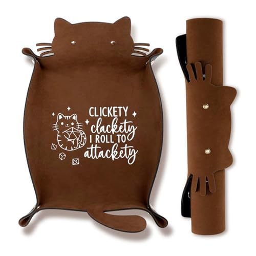 Würfelbrett mit Katzenmotiv, Würfelunterlage Tragbar, Würfelbrett faltbar, PU Leder Samt Würfelschale, Würfelteller Organizer, Lustiges Geschenk für DND-RPG-Spieler Würfel Spiele (Braun)