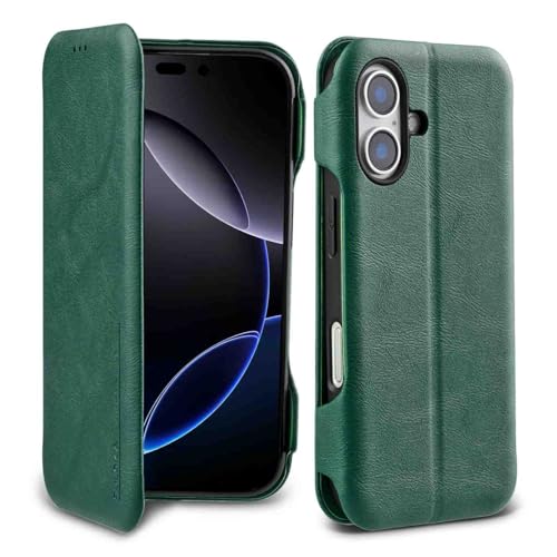 Image of PULOKA - Sleek Flip Case- Compatible for iPhone 16 - Premium Vegan Leather Phone Cover with Card Slot - Slim, Durable, Privacy Protection - Kickstand Function - Elegant Flip Wallet Cases- Green