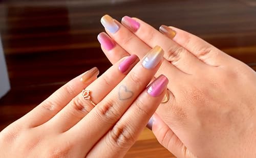 Image of 24 Pcs Reusable Artificial Nails Fake Nails with Glue and Kit|Sunset Metallic Shimmer Colour Shift Press On Nails | Medium Square | Cat Eye Chrome Effect | Long Lasting UV Protected ABS |Salon fresh look