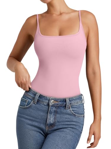 PINKMSTYLE Double Lined Square Neck Bodysuit Spaghetti Strap Tank Top for Women Sexy Going Out Tops Light Pink Medium