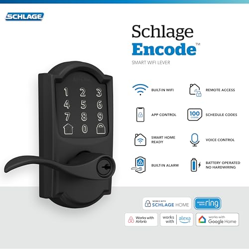 Image of Schlage Encode Smart WiFi Lock, Lever Handle, Century Trim, Matte Black | Keyless door lock with handle, Touchscreen keypad, App control, Alexa, Google, Ring & Airbnb compatible, Certified security