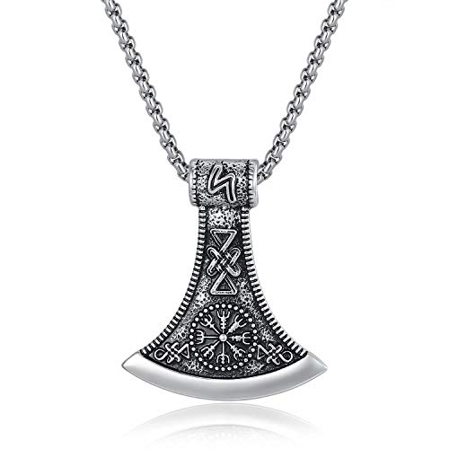 Holyheart Pagan Axe of Perun Pendant with Vegvisir, Perun Axe Necklace, Viking Axe Hatchet Amulet Necklace, Thors Hammer Mjolnir Pendant, Slavic Jewelry, Rune Amulet Necklace for Men Unisex
