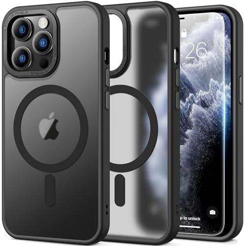 SEXYMOM Magnetic for iPhone 13 Pro Case with Screen Protector - Wireless Charging Compatible,21ft Military-Grade Drop Tested, Shockproof Slim Fit Translucent Matte Cover - Black