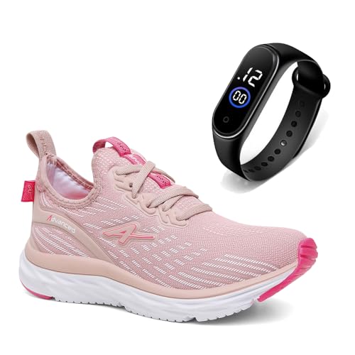 Tênis Feminino Academia Advanced Corrida Ultra Leve SPEED Com Relógio Digital Cor:Rosa-Branco;Genero