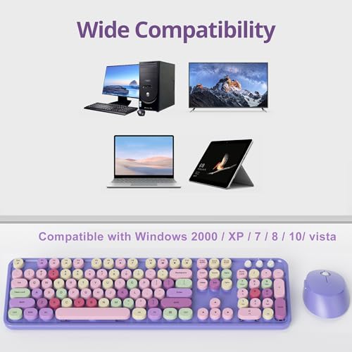 Image of Fogruaden Purple Keyboard and Mouse Wireless, Retro Typewriter Keyboard, 2.4GHz 104 Keys Full Size Cute Keyboard with Number Pad, Purple Colorful Keyboard with Round Keycap for Windows PC Laptop