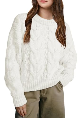 Girls Cable Knit Sweaters Chunky Long Sleeve Crewneck Drop Shoulder Warm Pullover Sweater Tops Size 5-14Y White